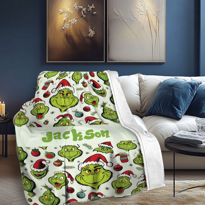 Custom Grinch Christmas Soft Cozy Sherpa Fleece Throw Blanket