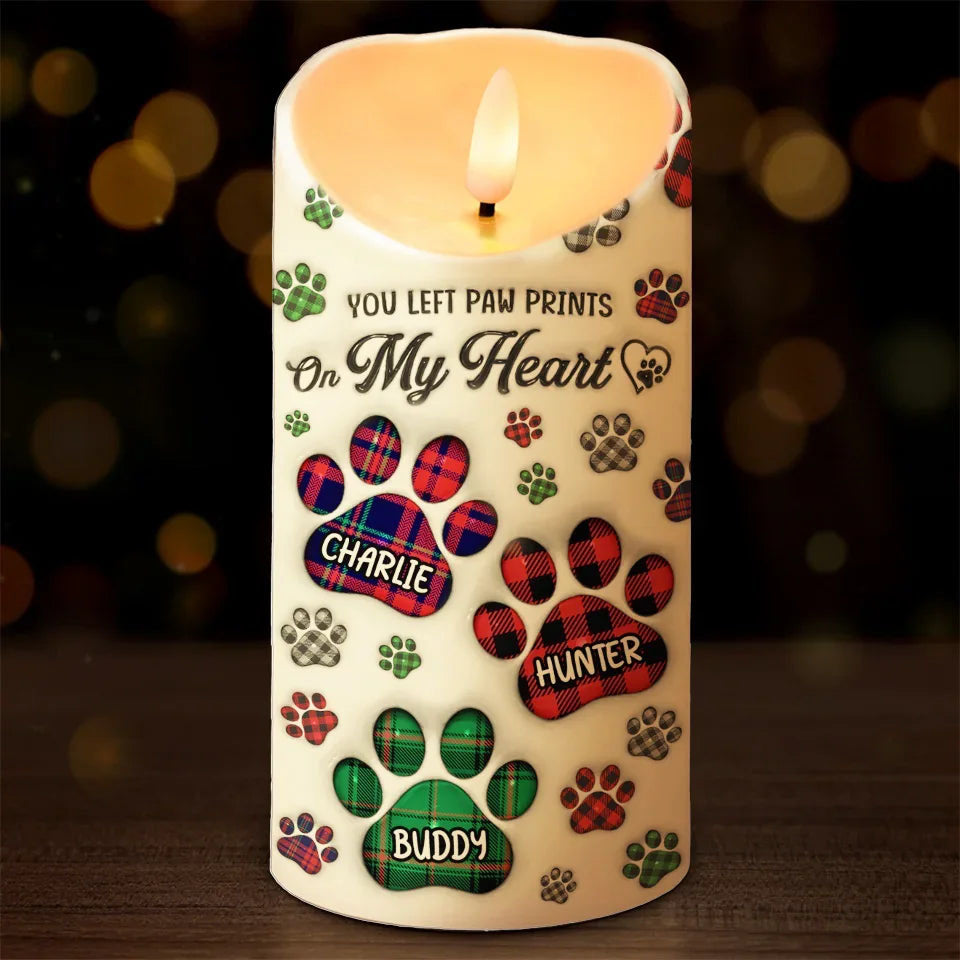 You Left Paw Prints On My Heart - Memorial Personalized Custom LED Candle - Sympathy Gift