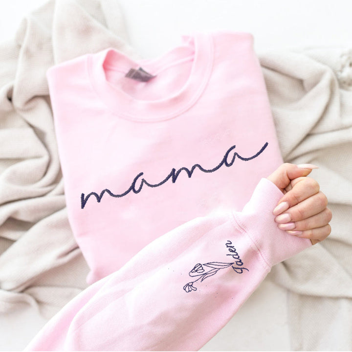 Embroidered Custom Mama Sweatshirt with Mama Birth Flowers & Names on Sleeve