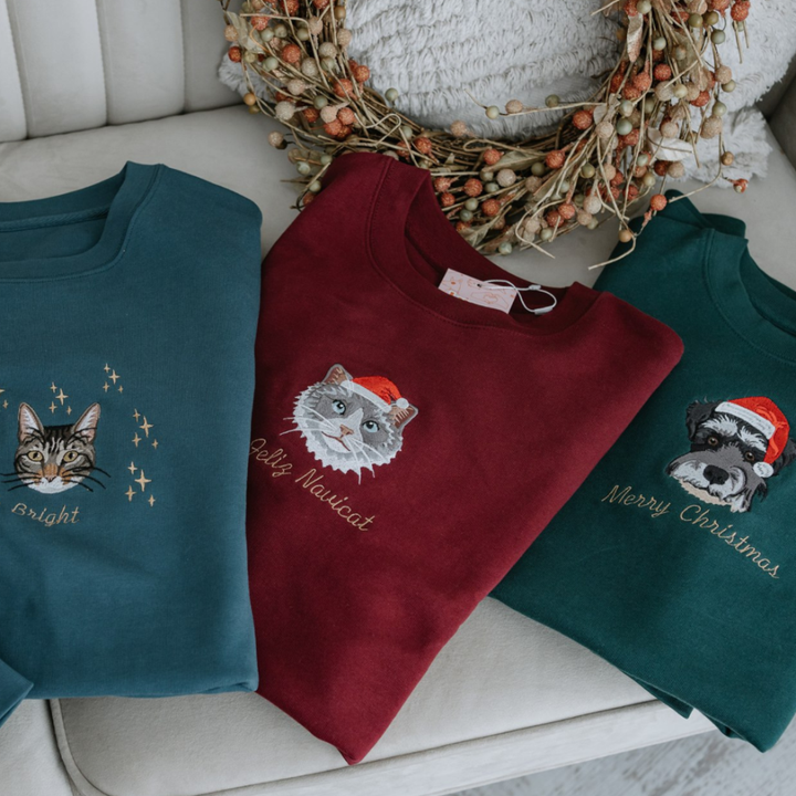 Custom Embroidered Pet Portrait Christmas Jumper Sweatshirt Hoodie T-shirt Christmas Gift