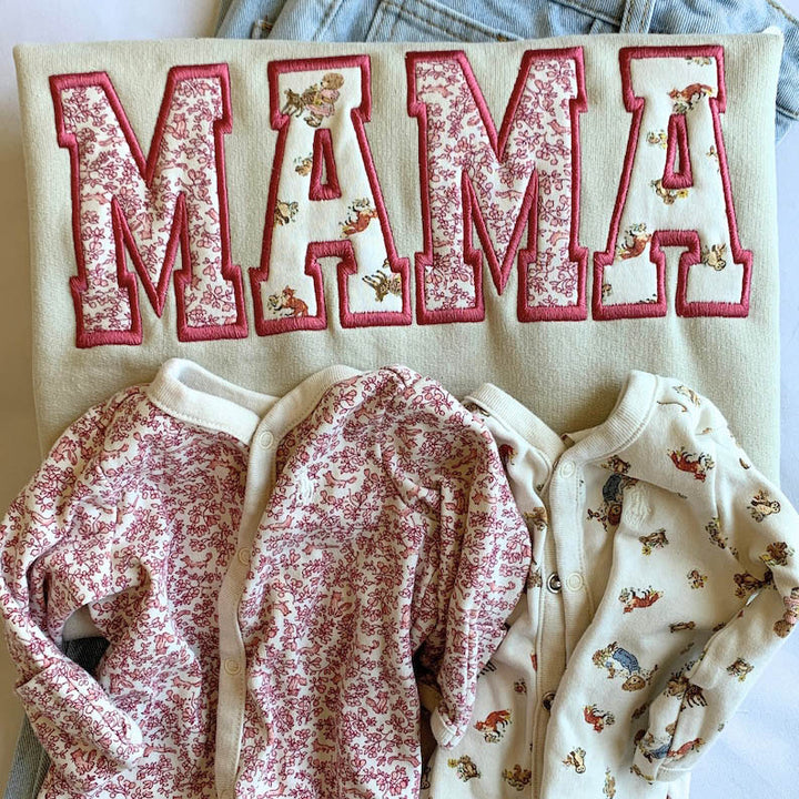 MAMA Keepsake Sweatshirt with Baby Clothes Keepsake Idea Custom Mothers Day Gift Personalized Gift Idea for Grandma Baby Outfit Mom Gift