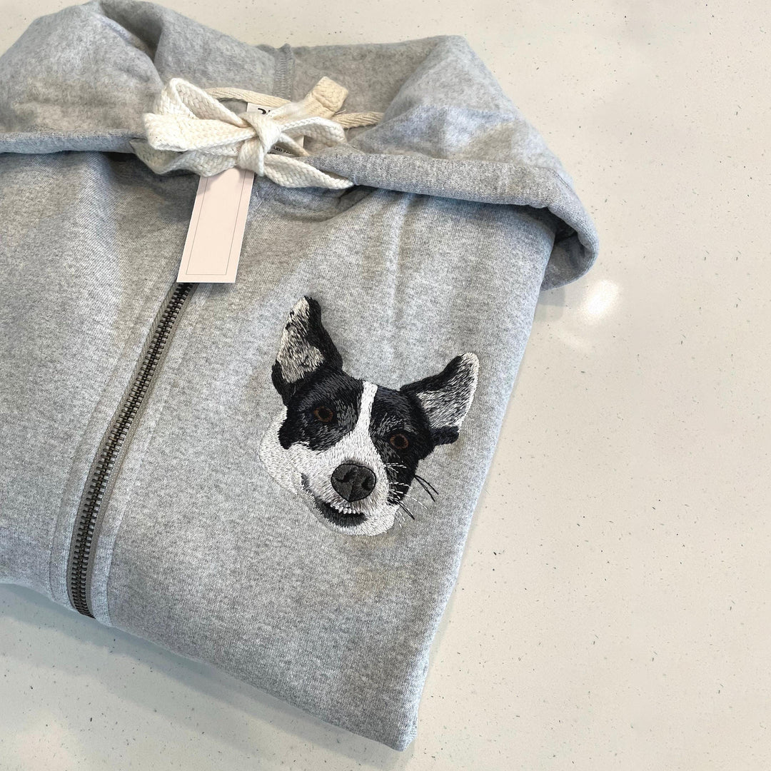 Custom Embroidered Pet Portrait Hooded Zip Up Sweatshirt __ on High Quality Hoodie