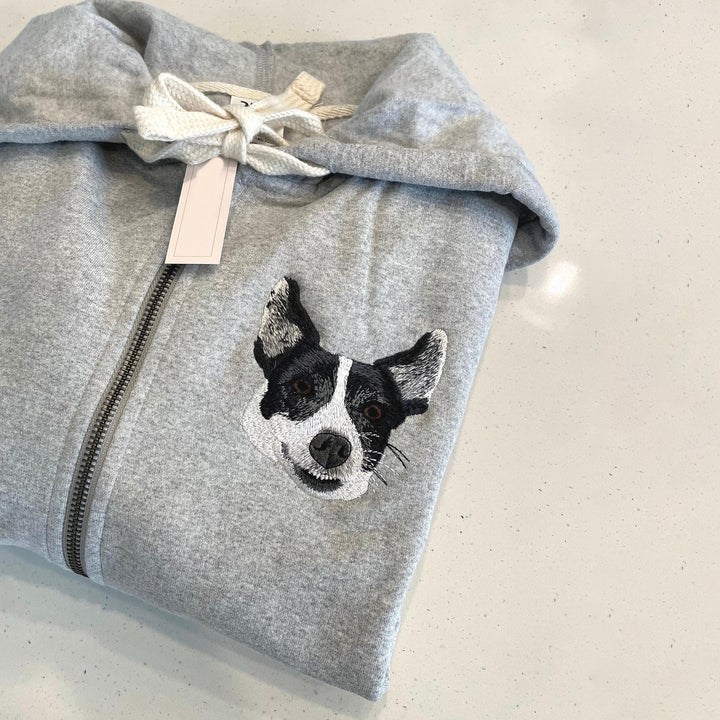 Custom Embroidered Pet Portrait Hooded Zip Up Sweatshirt __ on High Quality Hoodie