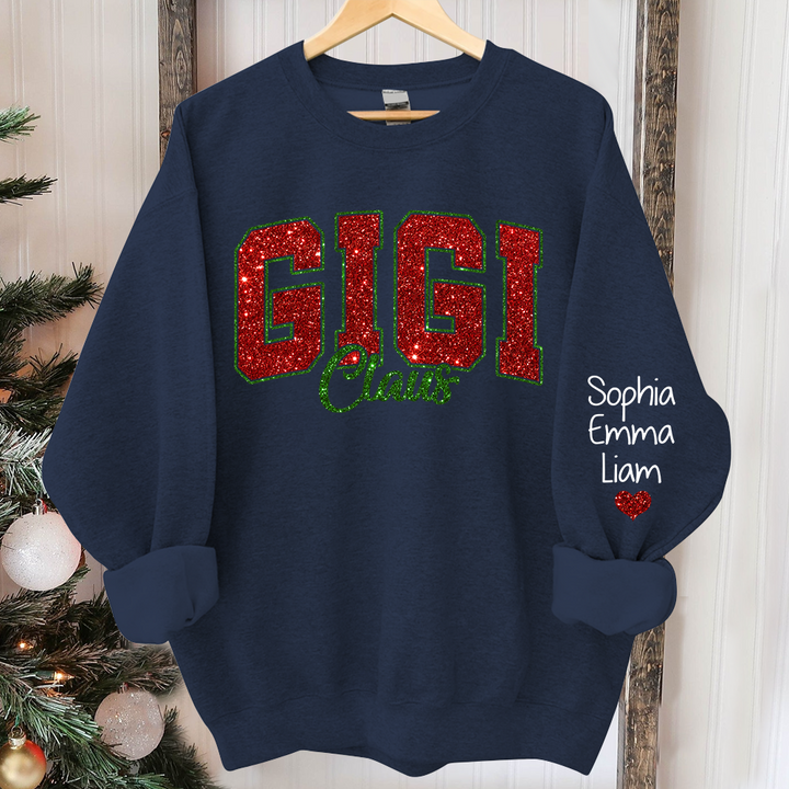 Glitter Gigi Claus Christmas Sweatshirt With Grandkids, Custom Glitter Grandma Nickname Sweatshirt Hoodie