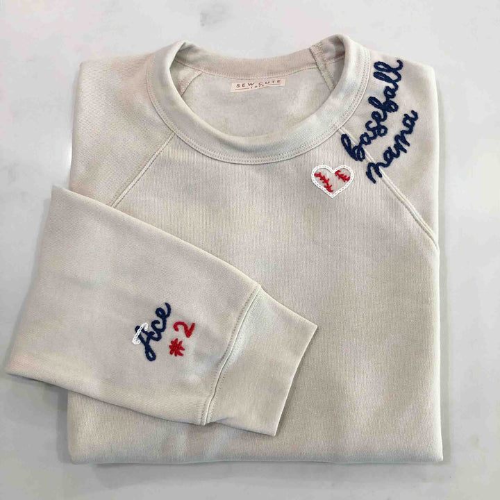 Baseball  Mama Embroidery Sleeve Crewneck Sweatshirt