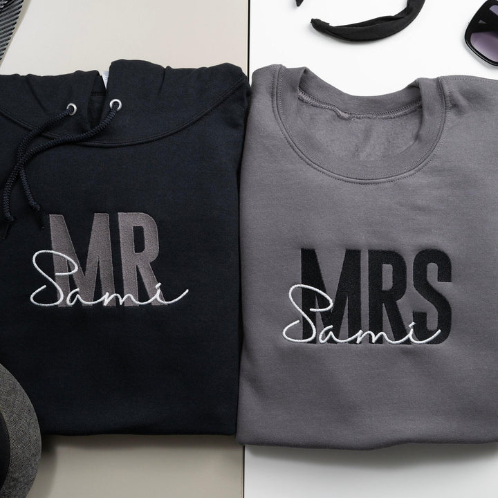 Bride and Groom Custom Embroidered Mr & Mrs Hoodies and Sweatshirts Perfect for Weddings.