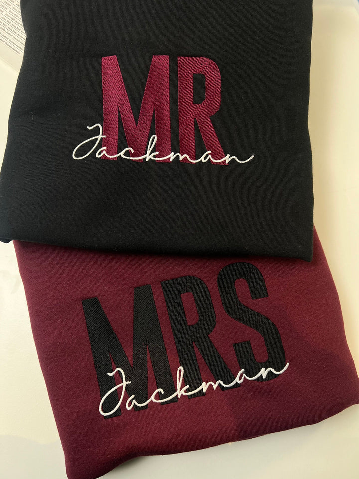 Bride and Groom Custom Embroidered Mr & Mrs Hoodies and Sweatshirts Perfect for Weddings.
