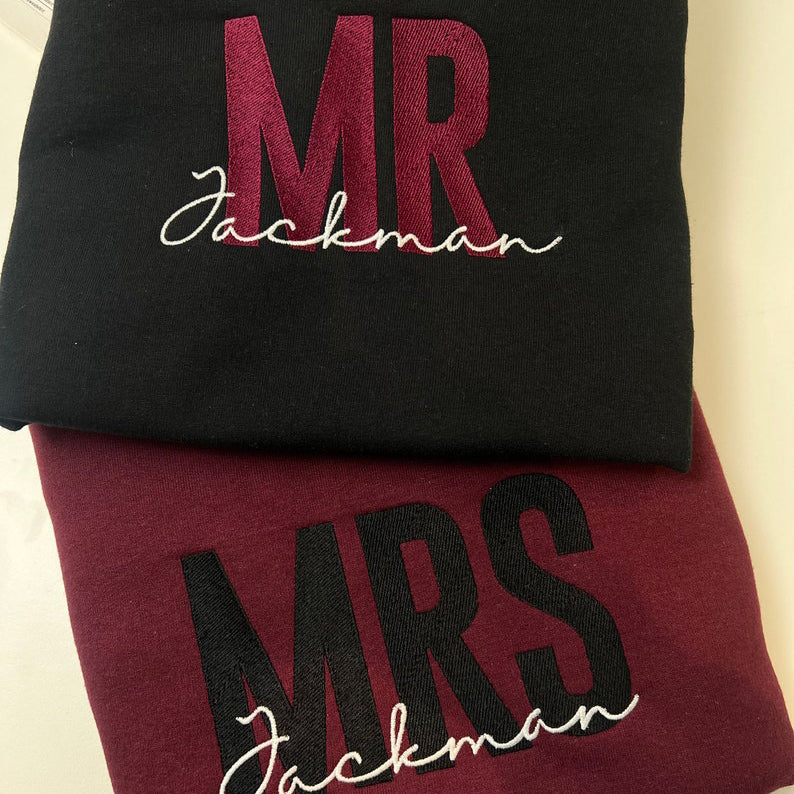 Bride and Groom Custom Embroidered Mr & Mrs Hoodies and Sweatshirts Perfect for Weddings.