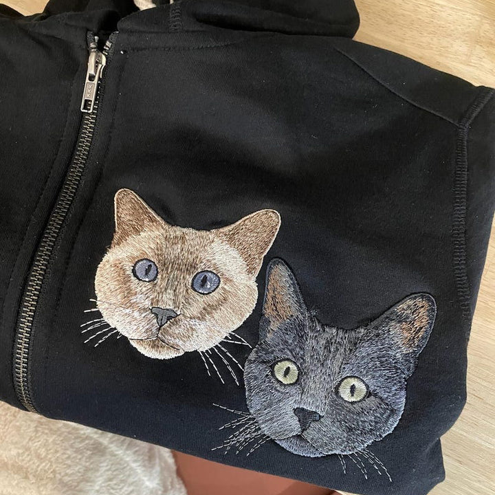 Custom Embroidered Pet Portrait Hooded Zip Up Sweatshirt __ on High Quality Hoodie