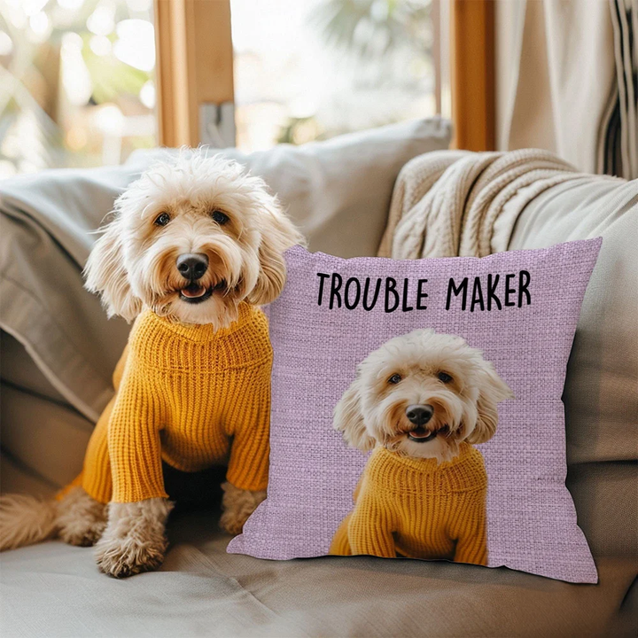 Personalized 1-6 Dog Cat Photos Collage Trouble Maker Soft Throw Pillow Cover Home Decor Birthday Gift for Pet Lover