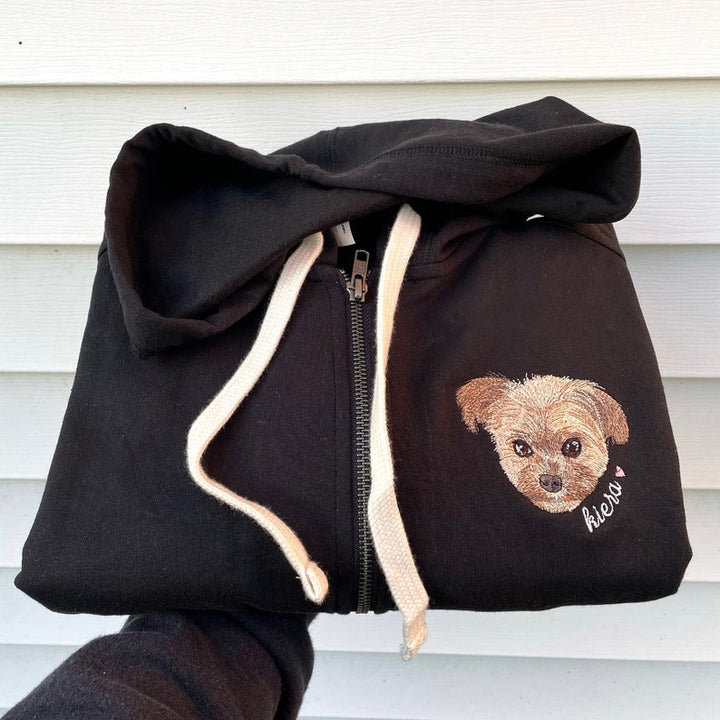 Custom Embroidered Pet Portrait Hooded Zip Up Sweatshirt __ on High Quality Hoodie