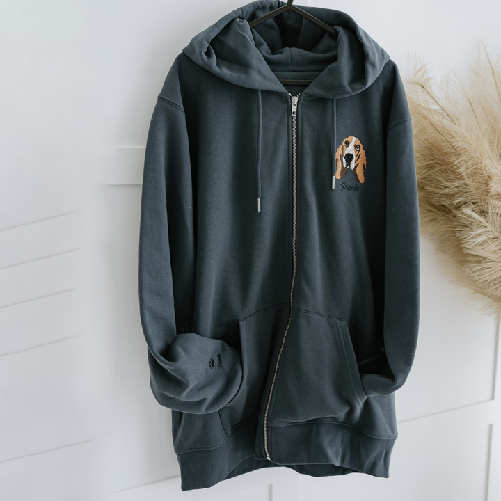 Embroidered Pet Portrait Organic Zip up Hooded Sweatshirt