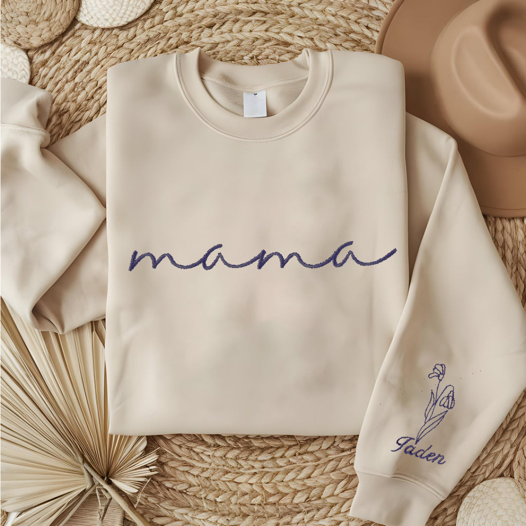 Embroidered Custom Mama Sweatshirt with Mama Birth Flowers & Names on Sleeve