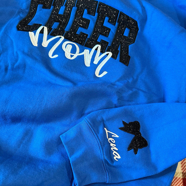 Cheer Mom, Cheer Custom Title with Name on Sleeve Glitter Applique Embroidered Sweatshirt