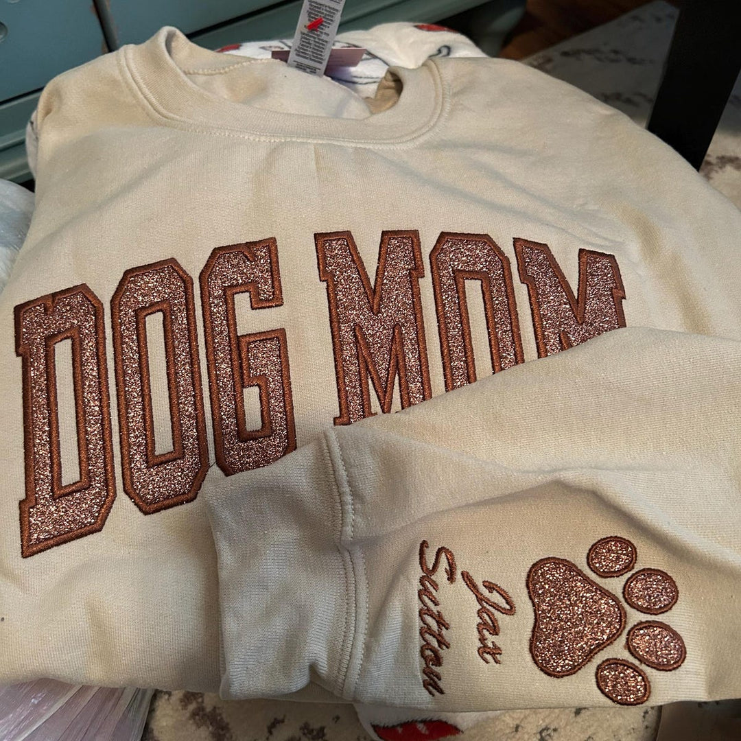 Dog Mom Glitter Applique Embroidered Sweatshirt
