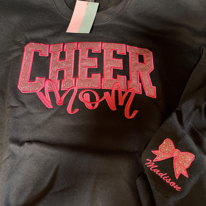 Cheer Mom, Cheer Custom Title with Name on Sleeve Glitter Applique Embroidered Sweatshirt