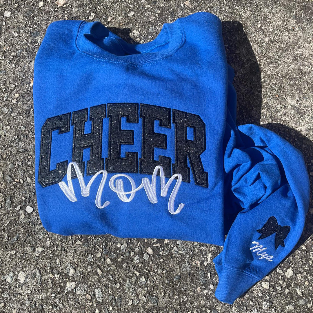 Cheer Mom, Cheer Custom Title with Name on Sleeve Glitter Applique Embroidered Sweatshirt