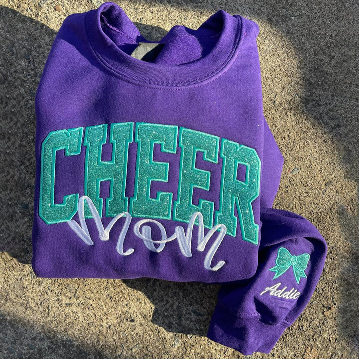 Cheer Mom, Cheer Custom Title with Name on Sleeve Glitter Applique Embroidered Sweatshirt