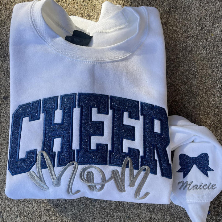 Cheer Mom, Cheer Custom Title with Name on Sleeve Glitter Applique Embroidered Sweatshirt