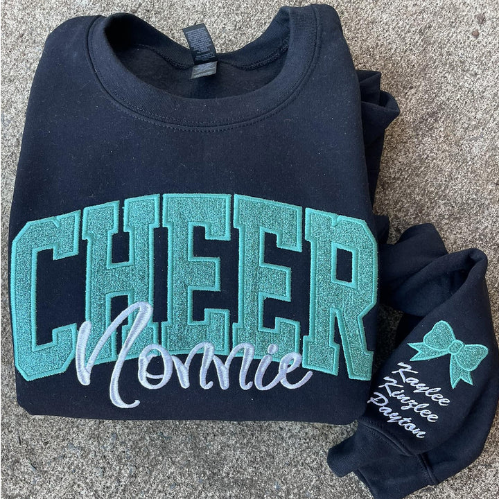 Cheer Mom, Cheer Custom Title with Name on Sleeve Glitter Applique Embroidered Sweatshirt