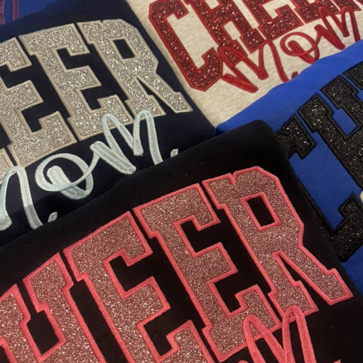 Cheer Mom, Cheer Custom Title with Name on Sleeve Glitter Applique Embroidered Sweatshirt