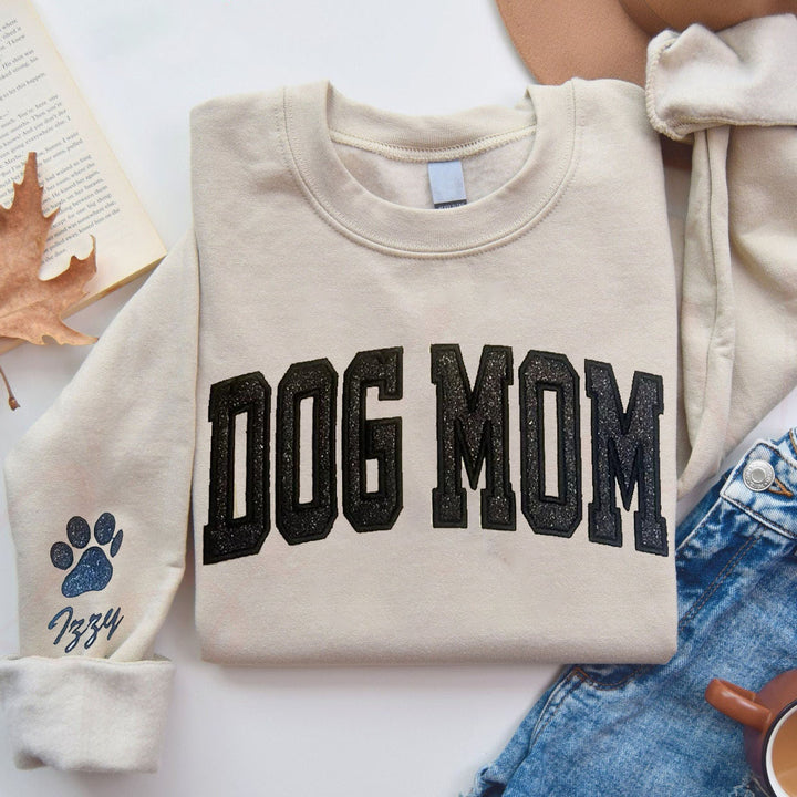 Dog Mom Glitter Applique Embroidered Sweatshirt