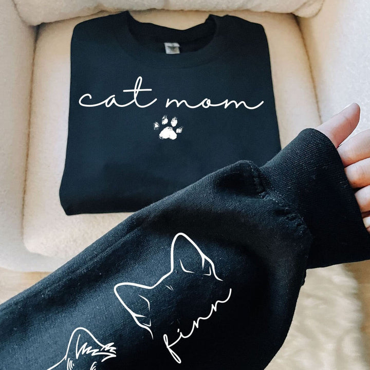 Cat Mom Sweatshirt with Pet Name on Sleeve, Custom Cat Mama Sweatshirt
