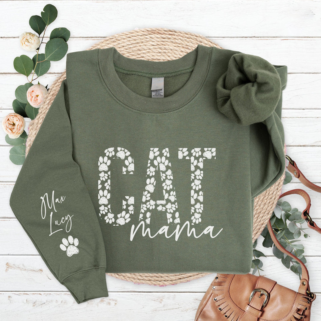 Custom Cat Mama Sweatshirt with Pet Name on Sleeve