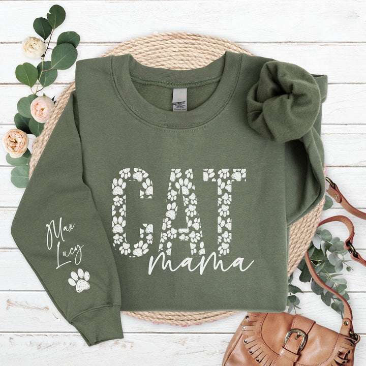 Custom Cat Mama Sweatshirt with Pet Name on Sleeve