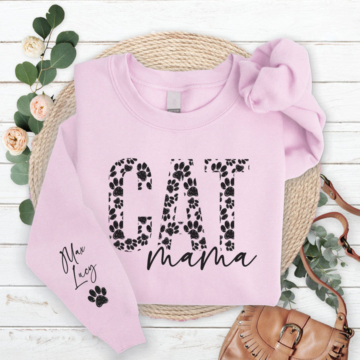 Custom Cat Mama Sweatshirt with Pet Name on Sleeve