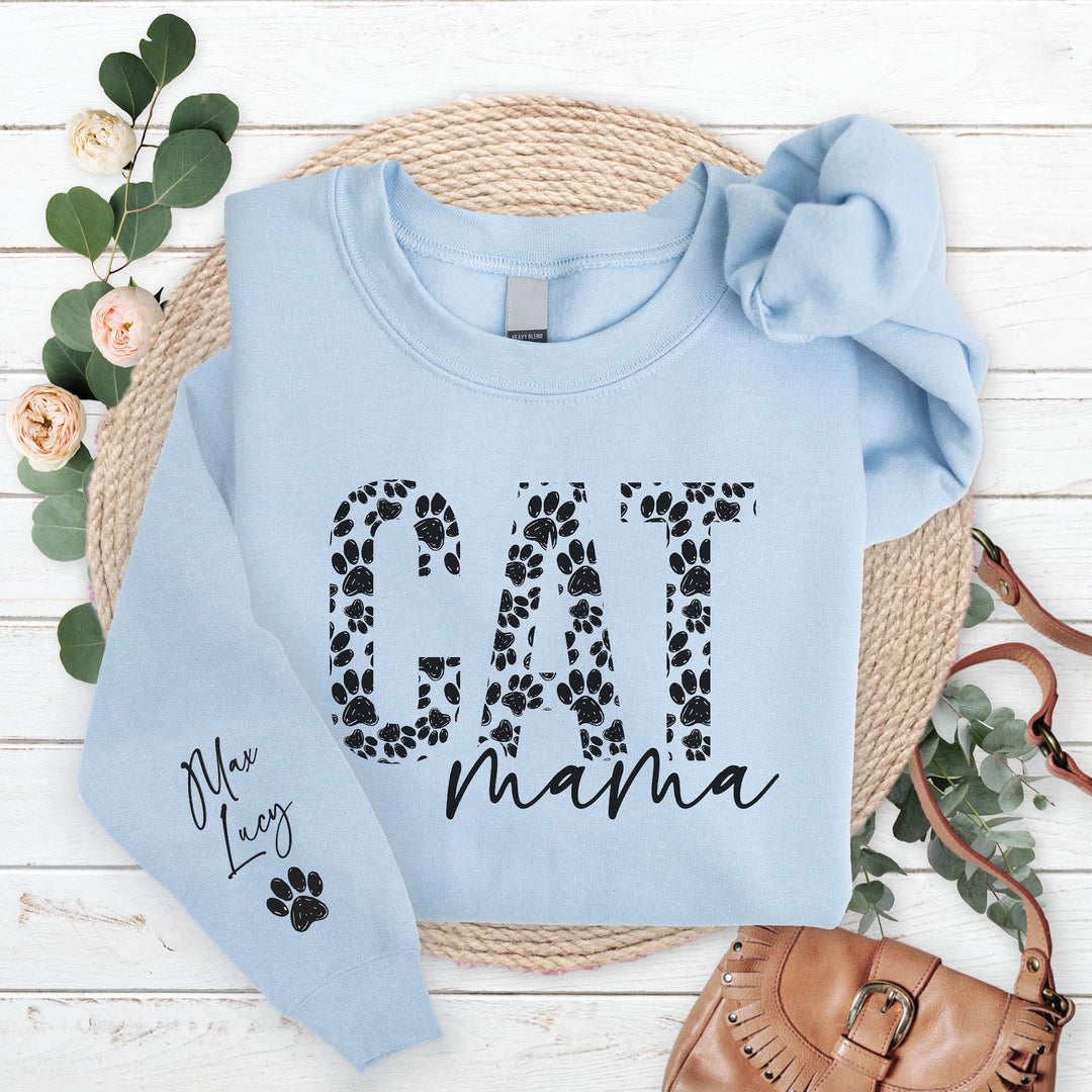 Custom Cat Mama Sweatshirt with Pet Name on Sleeve
