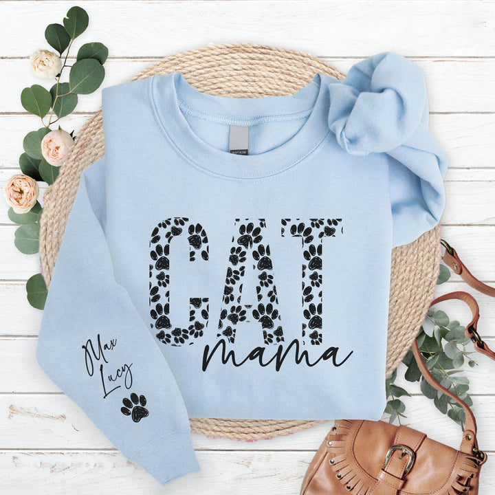 Custom Cat Mama Sweatshirt with Pet Name on Sleeve