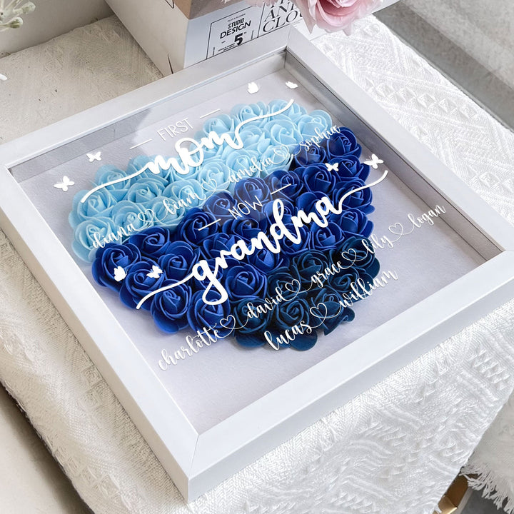 Personalized First Mom Now Grandma Flower Shadow Box, Shadowbox Heart Mom Frame Gift