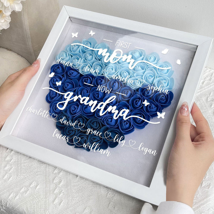 Personalized First Mom Now Grandma Flower Shadow Box, Shadowbox Heart Mom Frame Gift