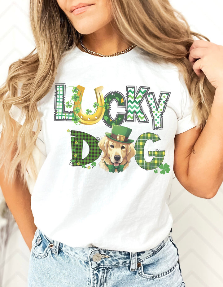 Golden Retriever St Patrick's Day graphic tee shirt
