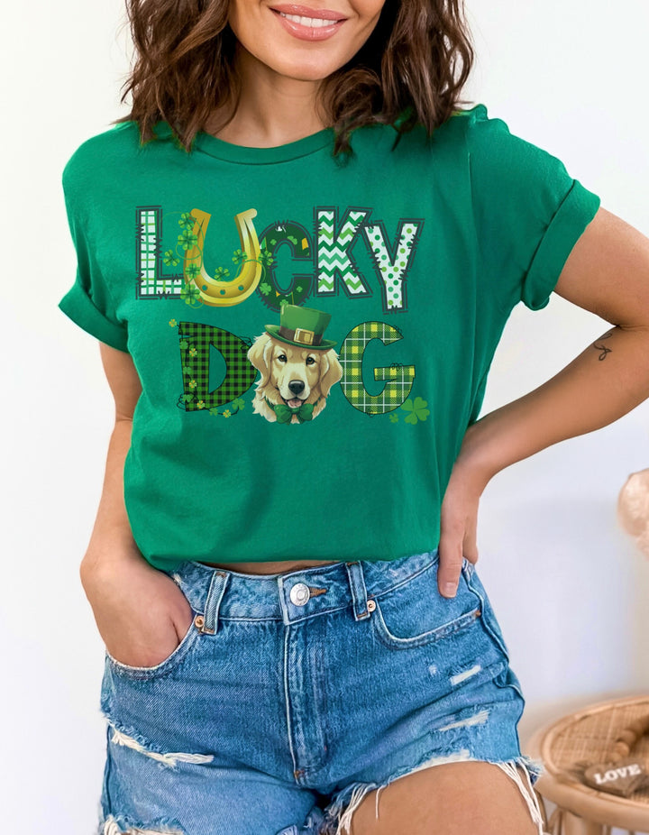 Golden Retriever St Patrick's Day graphic tee shirt