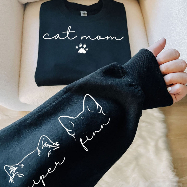 Cat Mom Sweatshirt with Pet Name on Sleeve, Custom Cat Mama Sweatshirt