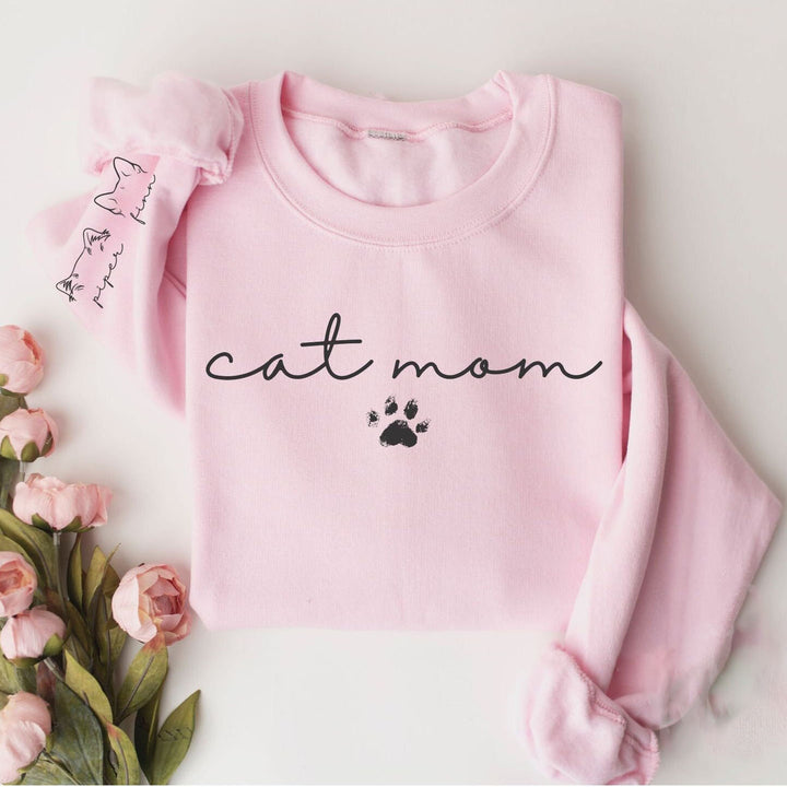 Cat Mom Sweatshirt with Pet Name on Sleeve, Custom Cat Mama Sweatshirt
