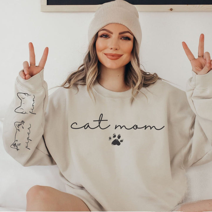 Cat Mom Sweatshirt with Pet Name on Sleeve, Custom Cat Mama Sweatshirt