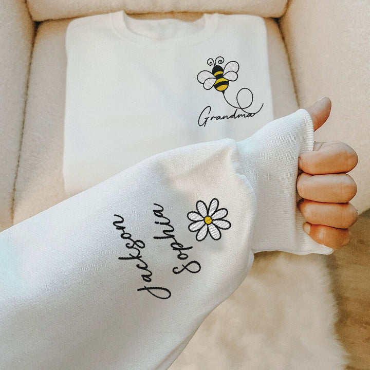 Custom Name Bee Embroidered Sweater With Kids Names Sleeve