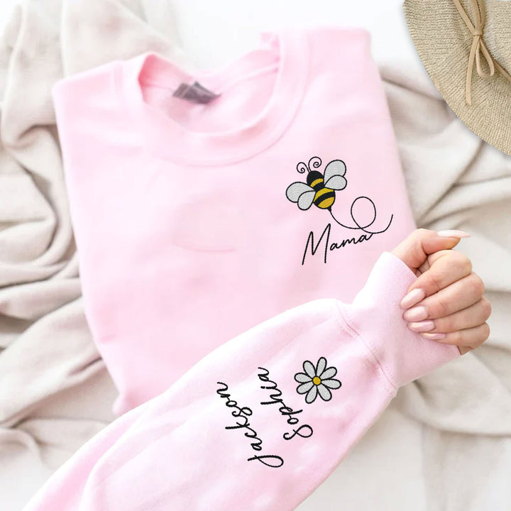 Custom Name Bee Embroidered Sweater With Kids Names Sleeve