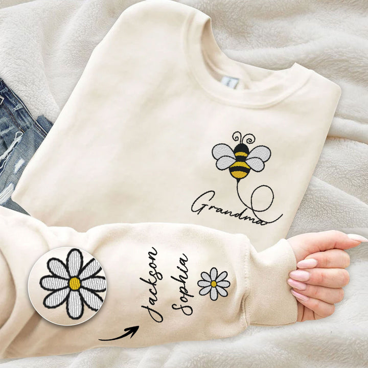 Custom Name Bee Embroidered Sweater With Kids Names Sleeve