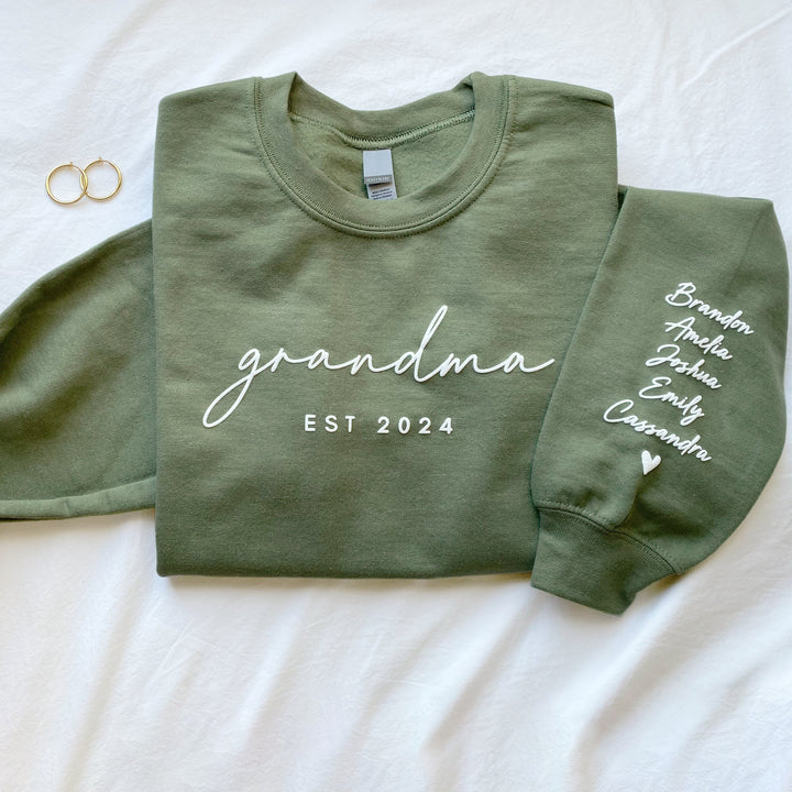 Personalized Grandma Sweatshirt Est Year with Grandkids Names on Sleeve