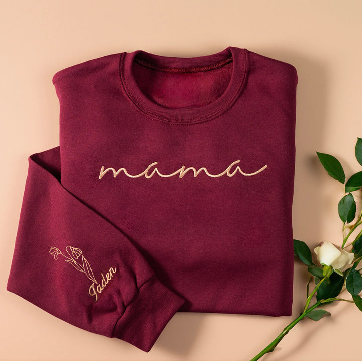 Embroidered Custom Mama Sweatshirt with Mama Birth Flowers & Names on Sleeve