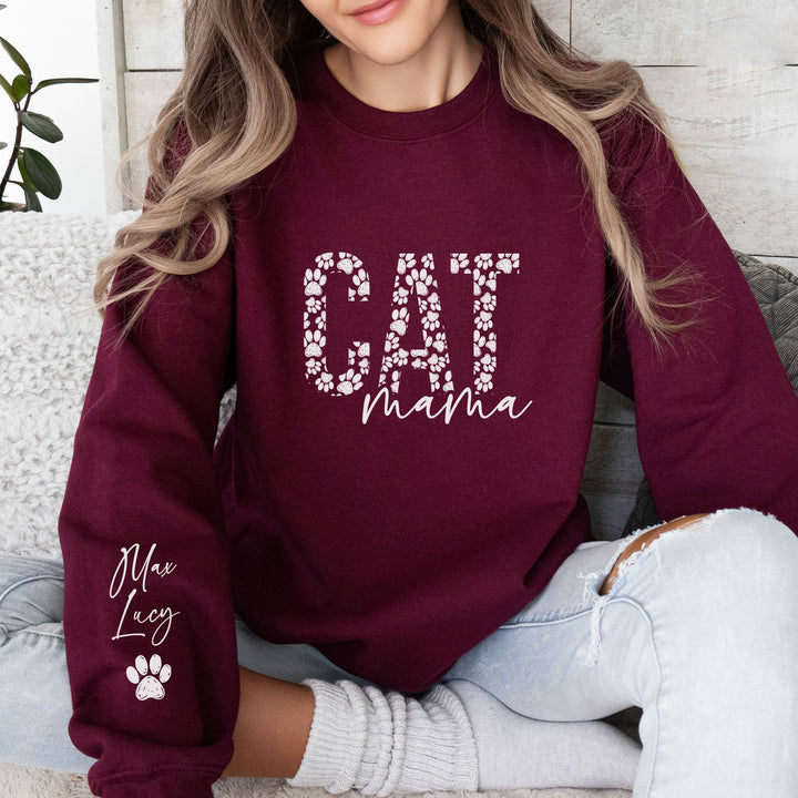 Custom Cat Mama Sweatshirt with Pet Name on Sleeve