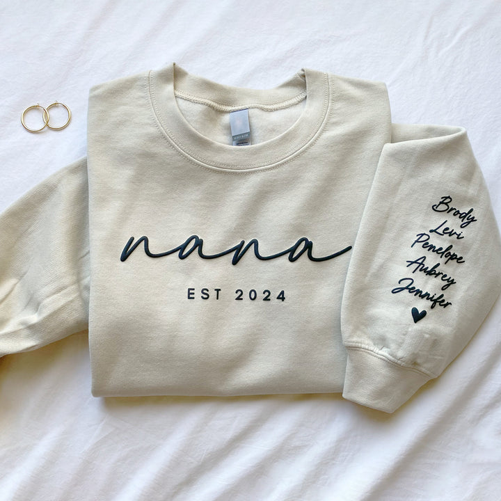 Personalized Grandma Sweatshirt Est Year with Grandkids Names on Sleeve