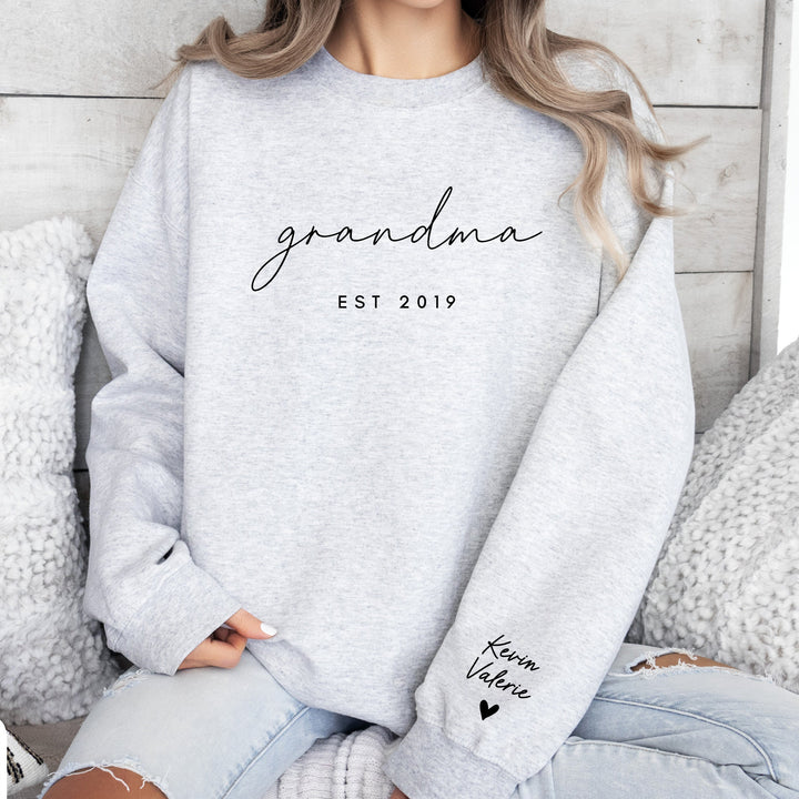 Personalized Grandma Sweatshirt Est Year with Grandkids Names on Sleeve