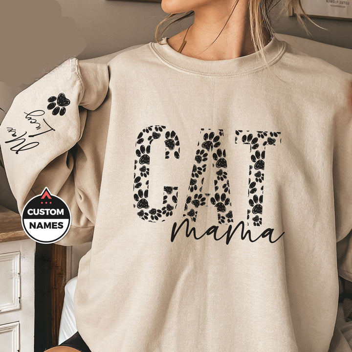 Custom Cat Mama Sweatshirt with Pet Name on Sleeve