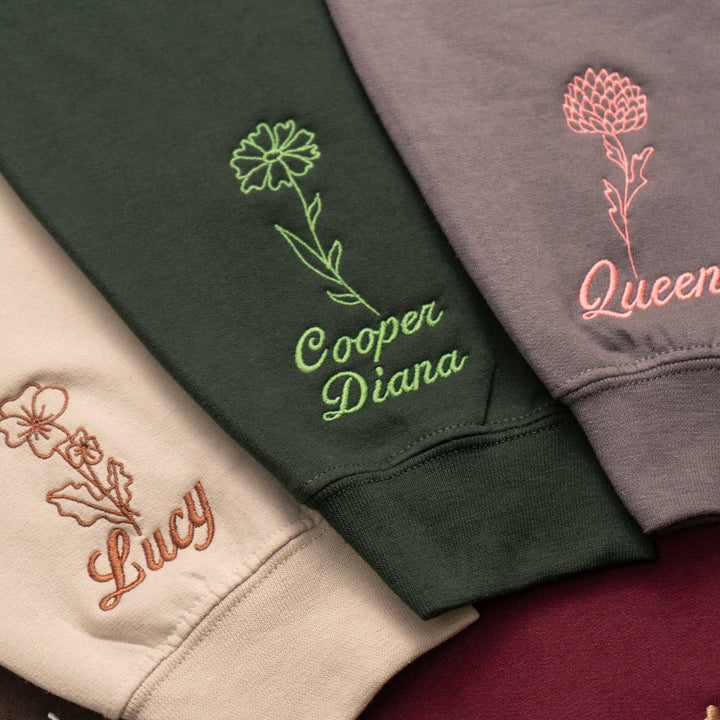 Embroidered Custom Mama Sweatshirt with Mama Birth Flowers & Names on Sleeve