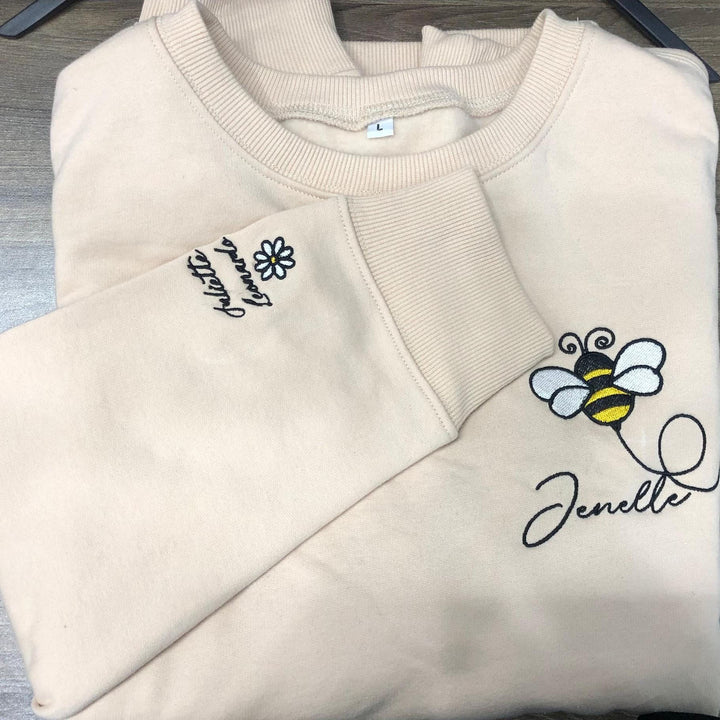 Custom Name Bee Embroidered Sweater With Kids Names Sleeve